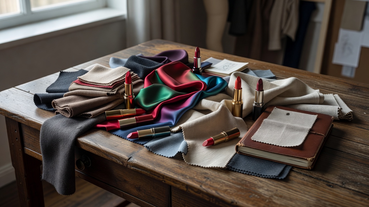 An editorial desk covered with fabric swatches in wool, silk and linen alongside several open lipsticks and a notebook