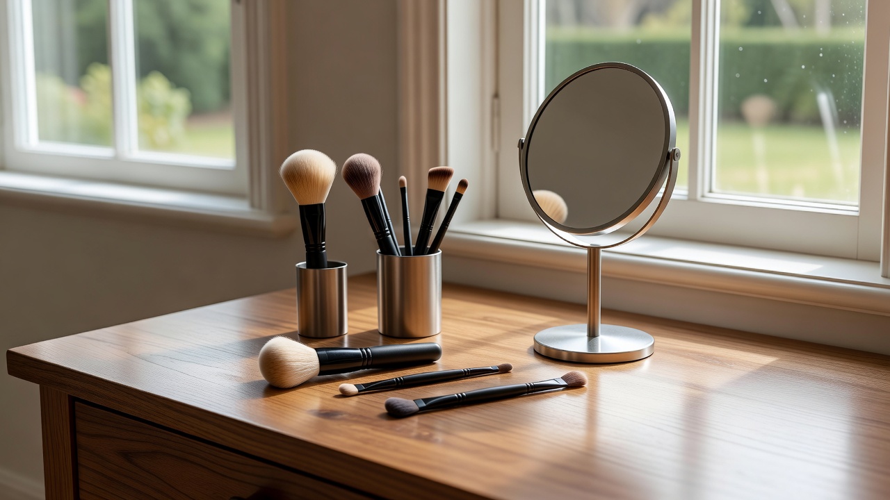 Makeup brushes and a small mirror arranged on a wooden vanity beside a window with natural daylight