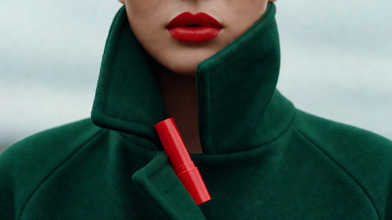 Close view of a person wearing bright red lipstick and a deep green wool coat with the collar turned up