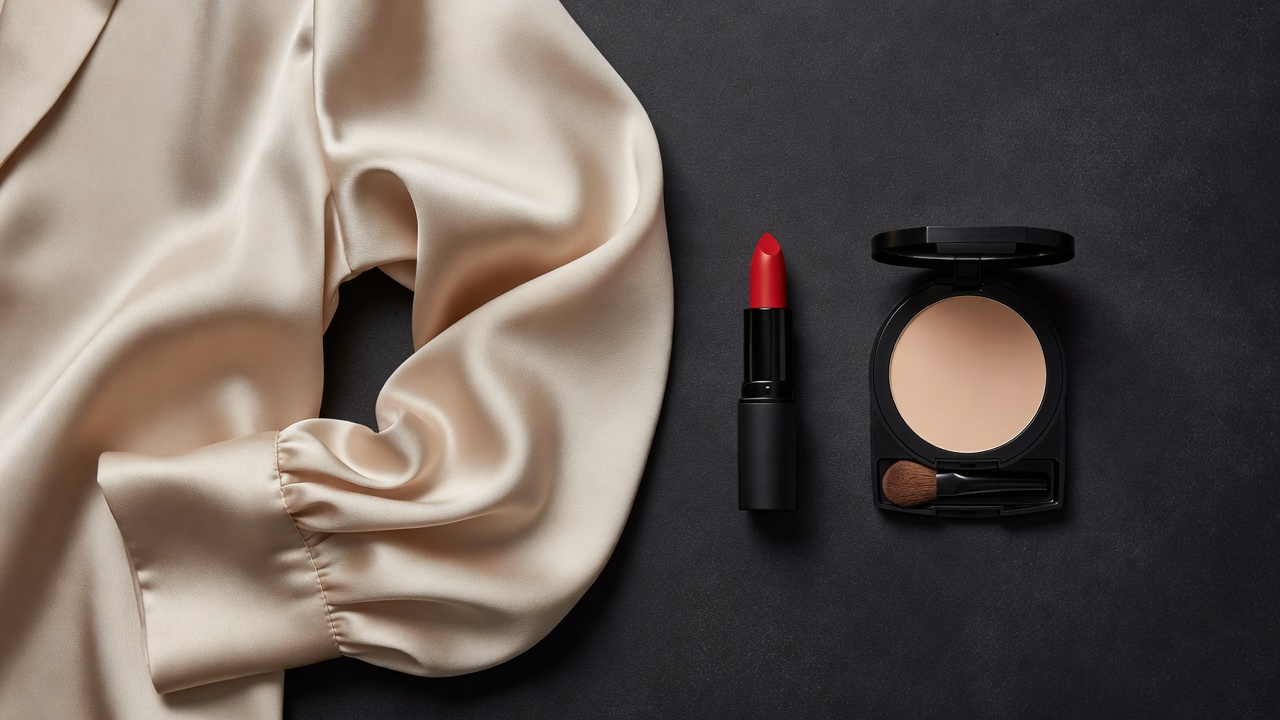 Flat lay of a champagne satin blouse beside an open matte red lipstick and a compact powder on a dark surface